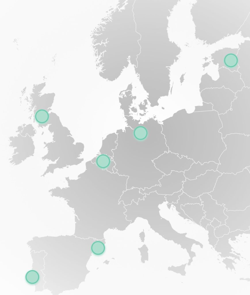 Map of Europe with dots where the partner universities of the ILSPSD consortiums are located